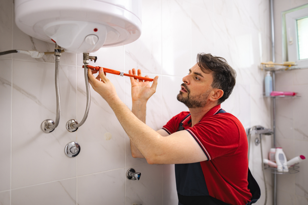 Plumber tightening a pipe connection while repairing a wall-mounted water heater inside a bathroom.
