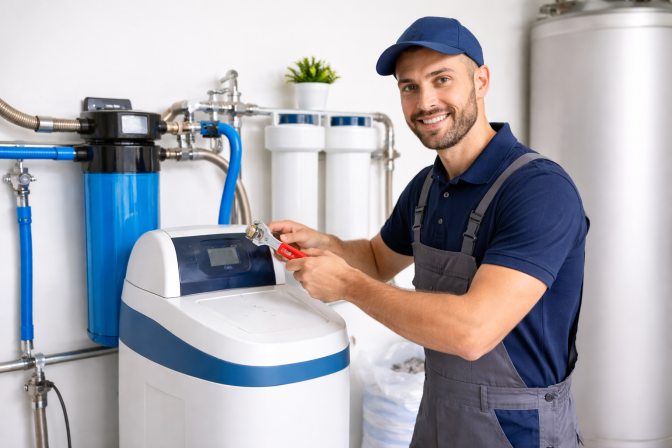 Technician in blue cap and overalls using a red-handled tool to adjust a water filtration system with multiple cylindrical tanks.