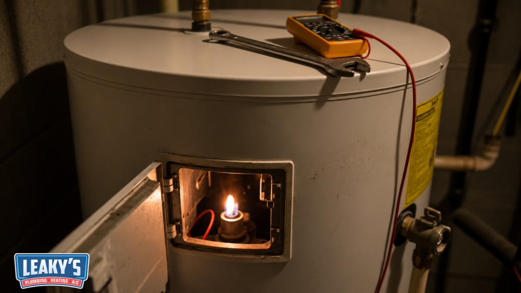 Gas water heater with a visible pilot light flame.