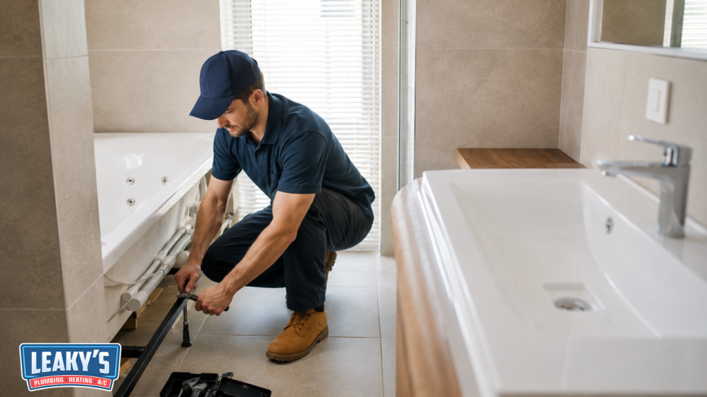 Plumber repairing plumbing beneath a bathtub.