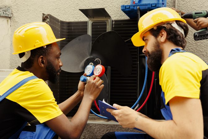 Two HVAC technicians in yellow hard hats and blue overalls servicing an air conditioning unit, using a manifold gauge set and diagnostic tool.