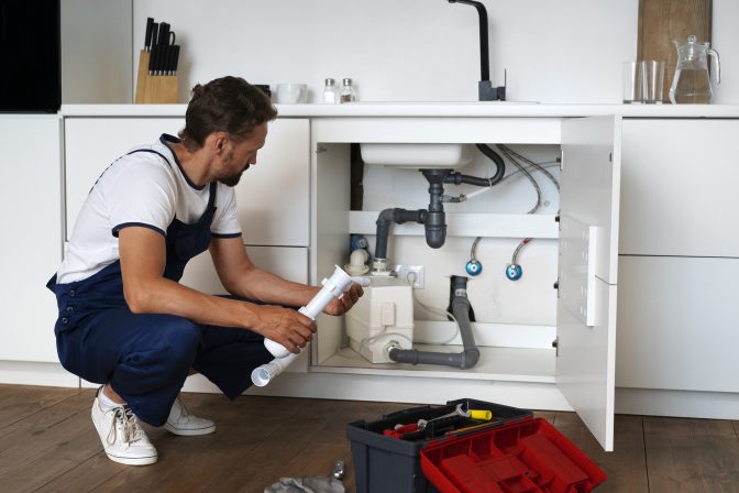 Worker in blue overalls kneeling by an open cabinet under a sink, holding a white cylindrical plumbing component with a red toolbox nearby.