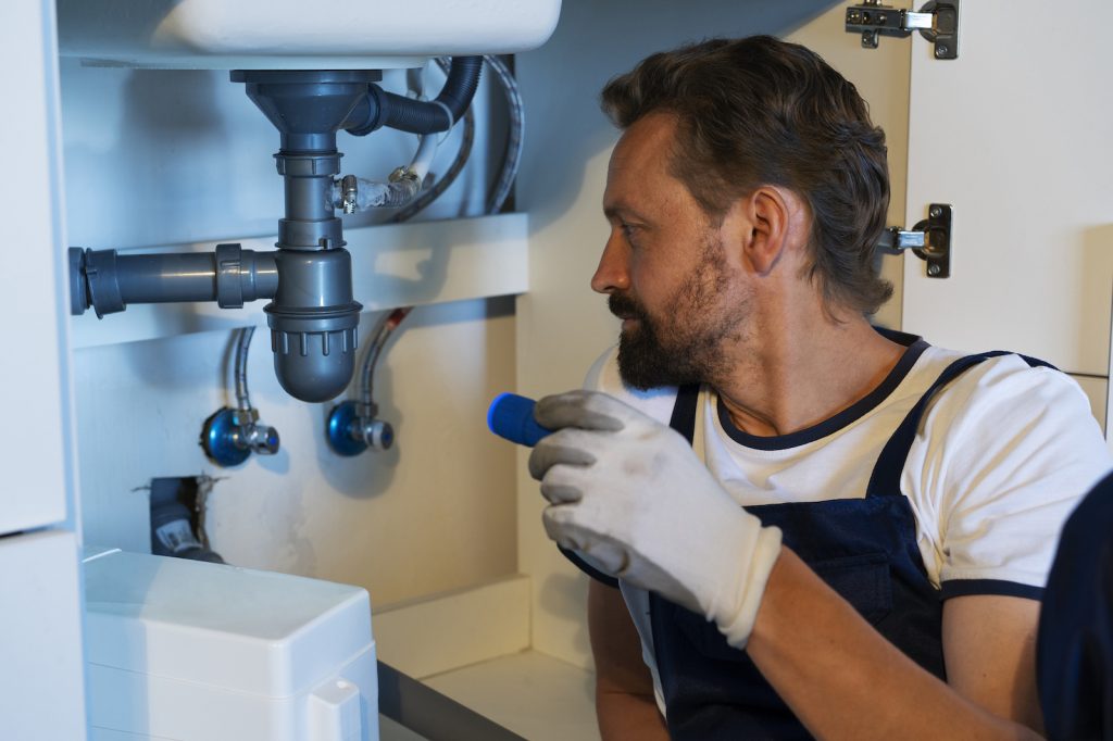 Worker in overalls and gloves inspecting plumbing under a sink, holding a blue tool while checking pipes and fittings.