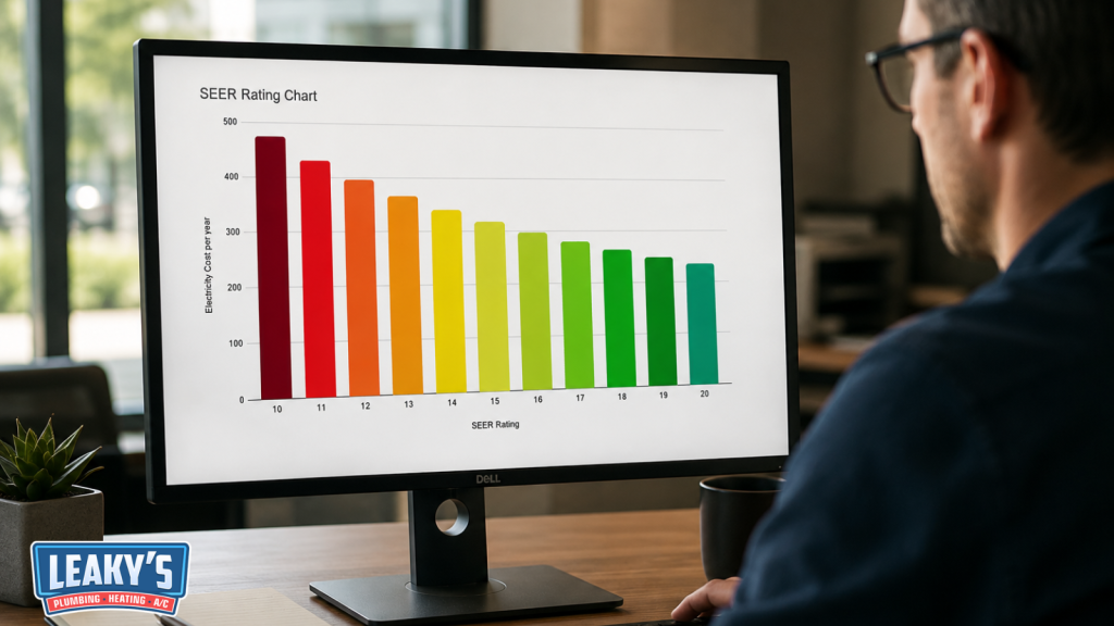Person viewing a SEER rating chart on a computer monitor.