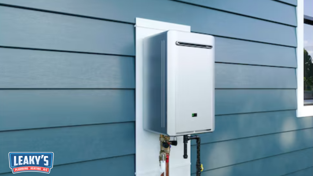 Exterior-mounted tankless water heater on a home.